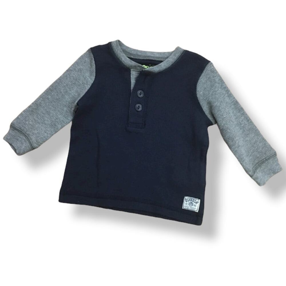 OshKosh B'Gosh Boys Shirt Size 6 Months Navy Blue Gray Thermal Henley Knit NEW‎